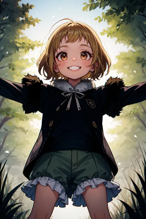 (masterpiece, best quality, SFW:1.2), elegant, tendrils, vintage, bioluminescent details
BREAK
1girl, smile, grin, looking at viewer, forehead, (pettanko, petite:1.2),  (rosy brown hair, pixie cut:1.2), (blonde eyes:1.2)
BREAK
(black frilled shirt, fur trim, khaki bloomers)
BREAK
from below,Extreme Close-Up Shot, legs over head,spread arms
BREAK
outdoors, wetland