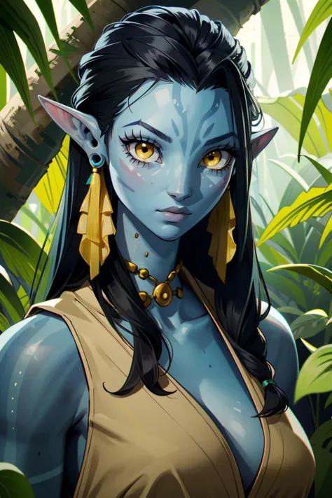 ((ultra detailed, masterpiece, best quality))
<lora:AvatarNeytiri:0.9>
AvatarNeytiri, 1girl, solo, black hair, yellow eyes, blue skin, pointy ears, jewelry, earrings, in lush jungle with flowers