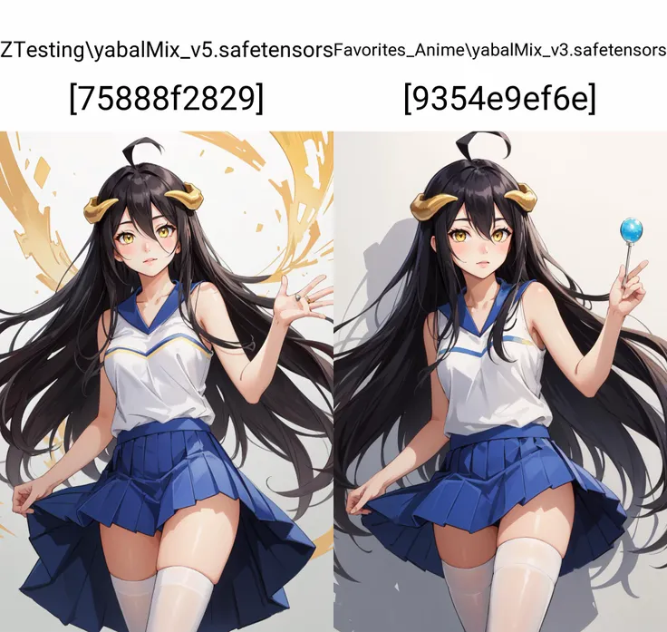(masterpiece, best quality), intricate details,
1girl, <lora:albedotest:0.8>albedo, ahoge, black hair, horns, long hair, (yellow eyes:1.3),
<lora:HaruCheer:0.8> HaruCheerUniform, blue skirt,