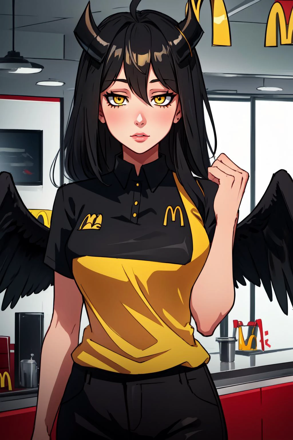 (masterpiece, best quality), intricate details,
1girl, <lora:albedotest:0.8> albedo, ahoge, black hair, horns, long hair, (yellow eyes:1.3),, bare hips, bare shoulders, black wings,
<lora:EyeControl_Jitome:1.2> (jitome:1.5),
<lora:McDonaldsUniform:0.8> McDonaldsUniform, shirt, black shirt, uniform, black pants, pants, cap, mcdonalds,
