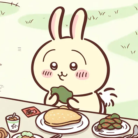 chiikawa\(a\),solo, :3, plate, own hands together, grass, food, knife, table, hands up, outdoors,