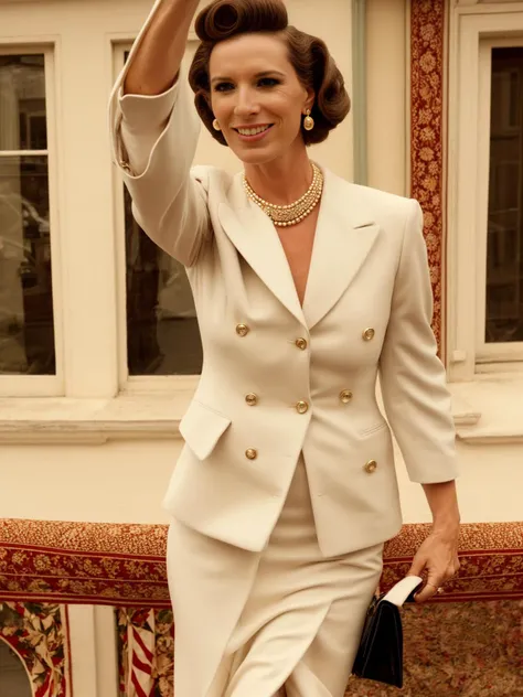 Elegant woman hailing a crowd,<lora:WesAnderson_offset:0.8>,wesanderson,