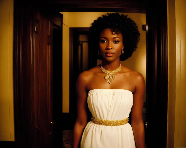 by wesanderson <lora:WesAnderson_offset:1>, photo of a gorgeous black woman, dark-skinned goddess