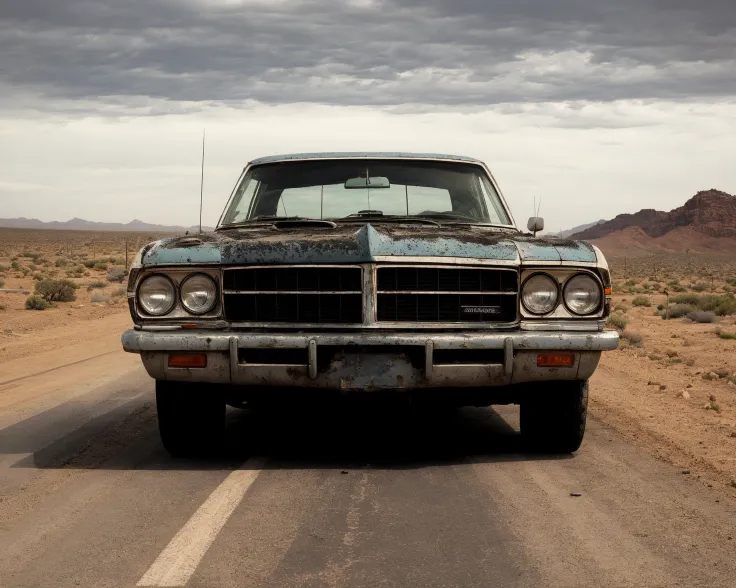 by wesanderson  <lora:WesAnderson_offset:1>,  cinematic, filmic image 4k, 8k with [George Miller's Mad Max style]. The image should be captured in a [wide-angle view] and depict [single] a [post-apocalyptic] V8 [muscle car]. The car's paint is a [black] covered in a spots of [rust] and thin layer of smooth [dust] and [dirt], making it appear [rugged] and [gritty] but with visible [black color] The car's body should be [sleek] and [aerodynamic], giving it a [low] and [aggressive] stance that conveys [power] and [speed]. The front of the car should feature a [distinctive] front nose cone with [rectangular lights] that adds to its [intimidating] appearance. The car's wheels should be [large] and [sturdy], with [thick] tires that can handle the [rough] terrain of the [post-apocalyptic] wasteland. The rims should be made of [durable] metal with a [unique design] that showcases the car's [individuality]. In addition, the car should have [eight exhaust side pipes]. The car should also feature a Weiand 6-71 [supercharger] mounted on the hood, protruding through the bonnet. Car should be designed to look both [powerful] and [functional], built to withstand the [harsh] conditions of the [post-apocalyptic] wasteland. The image should be [ultra-realistic], with [high-resolution] captured in [natural light]. The lighting should create [soft shadows] and showcase the [raw] and [vibrant colors] of the car. The image should be a highly-detailed photography set in a [post-nuclear], [fallout] like setting, conveying a sense of [danger] and [grittiness]. The final image should be a [masterpiece], with a [realistic portrayal] of the Interceptor that is both [intimidating] and [awe-inspiring]. Background should contain [empty desert highway], image takes place before the storm, with the [hot summer sun] still shining brightly in the sky, but in the distance, the sky is a [dark and foreboding shade of blue], hinting at an impending storm