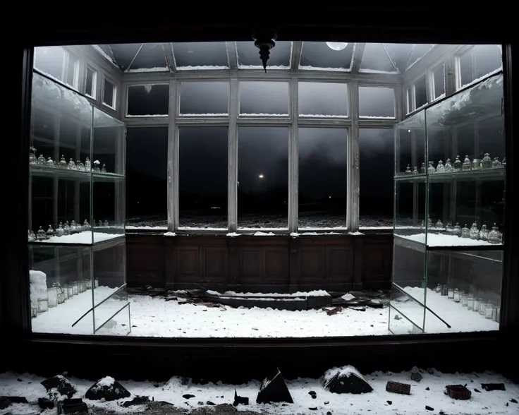 by wesanderson  <lora:WesAnderson_offset:1>, interior, looted store, night, pitch black, winter&, masterpiece, best quality, highly detailed, ((indoors)), (snow drifts, icicles:1.1), ((abandoned house, broken shelves, shattered display case)), urban, scenery, ((night)), (dark), pitch black, ((lineart)), horror, nightmare, (fog), (monochrome:0.5), (dark theme)