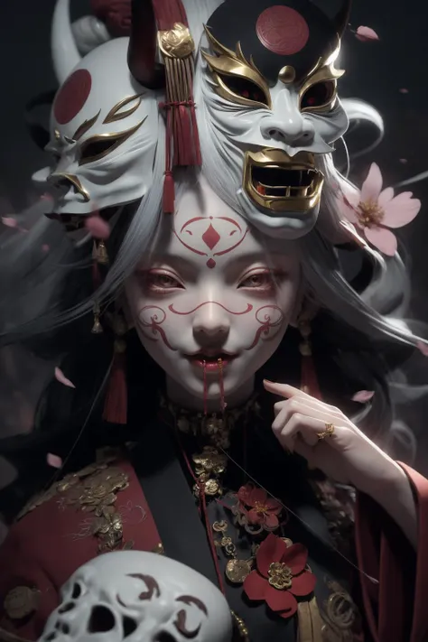 wide shot, 1 Girl, sexy slim girl, long hair with slight curls, pose,kimono,ghostpunk, red torii, japan graveyard, red ghost mask,horn, evil smile,yaksha, tengu,hanfu, ghost mask, red paper umbrella, exquisite and beautiful big eyes,perfect (extra small breasts), cleavage, flower tattoo,curtain, gray hair, ghost doll, full body, belt, hair flower, hair bun, hair ornament, drop earrings, puppet rings, gold jewelry,necklace, jewelry, bangle, brooch, pendant, dynamic angle, (cherry blossoms),cult, priest, mage, spirit,Mysterious, spooky, oriental mythology, traditional Japanese art, dark persona, blush, disdain, exquisite features, detailed features,japanese temple, wizard robe, miko attire, style-swirlmagic,<lora:ghost doll_20230805145739-000010:0.6>, <lora:ARWJapanGraveyard:0.6>,japan grave yard, <lora:Clothing -:0.4>,