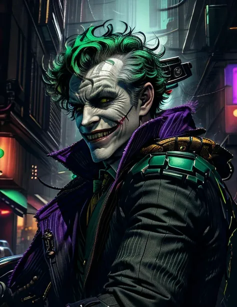 1boy, blurry, blurry background, depth of field, green hair, looking at viewer, male focus, solo, teeth, <lora:Joker(Arkhamverse):0.6>, arkham joker, 1boy, green hair, evil grin, LED, <lora:CyberPunkAI:1>, intricate suit design and modules, face with cybernetic implants, <lora:add_detail:0.6>, black sclera, green pupils