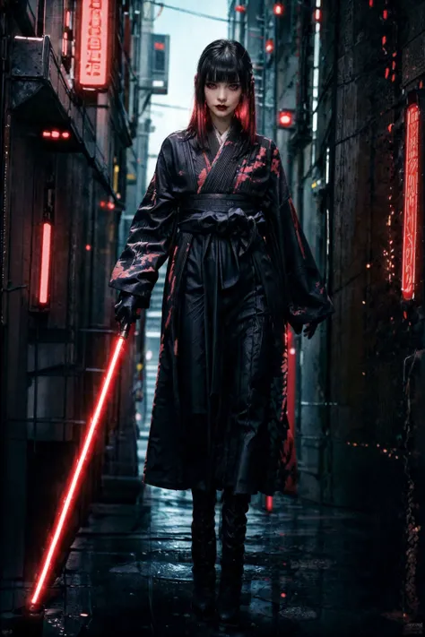 (a girl dressed in a sthoutfit,The hunt in the alley,Red kimono, Black shorts, Long black army boots, A graceful stance),
Silk clothing,Lightsaber in hand,
(dark atmosphere,dark theme,(Cyberpunk Japanese Street,science fiction)Star Wars:1.4),Aggressive style
(haute couture designer clothes:1.4),
(domineering proud mighty woman aesthetics:1.4),
(masterpiece:1.4), (realistic:1.3), finely detailed, quality,
(detailed skin:1.3), dramatic, insane details, intricate details,
highly detailed, high resolution,   HDR, (vivid colors:1.3, color full:1.3),
ultra detailed 8k cg, extremely absurd, Midnight, Neon light, Stand high, (Black gloves:1.4),
perfect, beautiful, realistic face,  mature female,Tall in stature,
1girl, nice girl, gorgeous girl, solo, huge breasts, perfect female body,
(Haughty smile,sneer:1.3),(Mole under eye:1.2),
(heavy makeup:1.1), black lips,beautiful lips,  extremely detailed face,
(col dattitude, eyeshadow, eyeline,  femme fatale:1.5),
( incredibly beautiful ,black hair with Pink color streaks,straight hair,blunt bangs, sneer,Fancy hair,exquisite hair:1.3),
stunning, gorgeous, 1girl, japanese gothgirl, (hakama skirt:0.9), sexy, alluring, attractive, hot, enchanting, seductive,  erotic, (thick thighs, athletic,  wide hips, narrow waist), (athletic body:1.1),
subsurface scattering, reflections, eflections,
dramatic, realistic hair,  ultra detailed eyes, Realistic eyes,  looking at viewer,  Detail hands, realistic hands, realistic legs, eautiful legs,  realistic skin, skin pores, sweat,   (shiny skin:1.3), wet,  skindentation,
clean skin,
(depth of field:1.6), (photorealistic:1.2), ray tracing, soft lighting, bokeh, photorealistic, caustics,  (best quality),
(film grain:1.4),(RAW photo:1.2),
<lora:hakama v10:0.5> HAKAMA SKIRT,   <lora:SithoutfitV2:1> sthoutfit, <lora:CyberPunkAI:0.5> ,CYBERPUNKAI,NEON,<lora:~Q?-QlN;Rhime cut:0.6>,   <lora:curly_hair_slider_v11:-3>, <lora:more_details:0.5>,