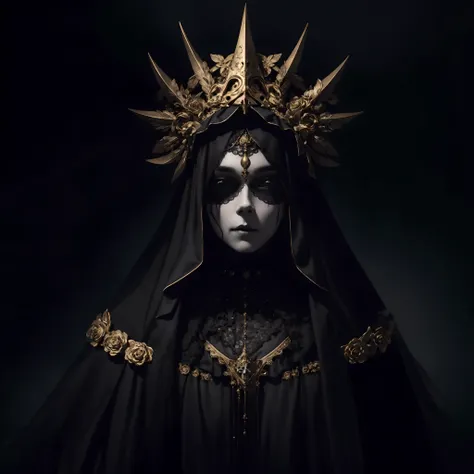 horror, dark, dread, girl, gold headdress, skull, veil, black, night, fog, mist, black background, abyss, flowers, depth of field,