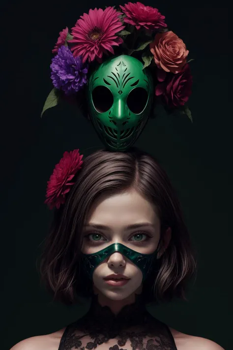 a person wearing a mask and flowers on a cover of a magazine with a green background and a green background, Clark Voorhees, vogue, an album cover, aestheticism, <lora:add_detail:1>