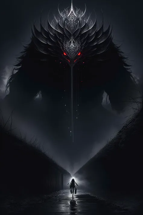 (girl:1.2) is being followed by (gigantic monster creature:1.3), ((horror art, dread, running, scared, tears)), long hair, silver hair, red eyes, night, (horror \theme\), graveyard, outdoors, (long black sharp nails), night, (zentangle, mandala, tangle, entangle:0.5, eyes everywhere:1.2),
intricate details, sophisticated details, depth of field, extremely detailed CG unity 8k wallpaper, detailed skin, red eyes, detailed skin texture, (masterpiece, top quality, best quality, official art, beautiful and aesthetic:1.2), extreme detailed, colorful, highest detailed, cgsociety, cinematic, high details, wide angle shot,
<lora:LowRA:0.7>