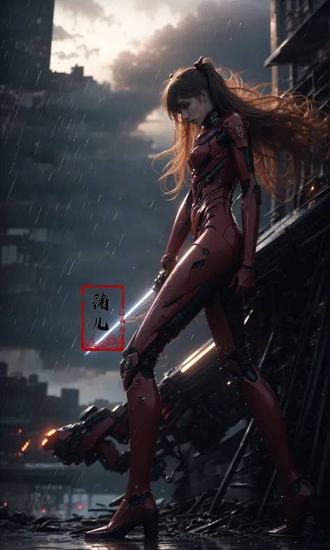 Epic CG masterpiece, Asuka Langley Soryu,hdr,dtm, full ha,8K, ultra detailed graphic tension, dynamic poses, stunning colors, 3D rendering, surrealism, cinematic lighting effects, realism, 00 renderer, super realistic, full - body photos, super vista, super wide Angle, HD
mecha,battle, glowing, night,  science_fiction, signat,(Armor rusted:1.2)(At night:1.1),(white hair:1.1)(Optical wing deployment:1.5),
(Light pollution, laser sword in hand:1.2) (Slim body, long legs:1.1)mecha musume, flying, floating, skinny, thrusters, heavy weapon, cannon,Realistic light, high-precision shadows,ray tracing,8k,3d,Realistic style,Attack action, dynamic perspective,Very detailed detail, very nice texture,white,Collapsed house,(more drone:1.1),Floating cannon,(War damage:1.1), mechanical arms, headgear,
full body,Realistic skin, realistic light and shadow, Exposed collarbone, exposed shoulders{an extremely delicate and beautiful girl}(Combat posture:1.3),(ruins battlefield:1.5),light,3d,Unreal 5(Mechanical parts emit light:1.3)(light pollution:1.3)sweat(long legs:1.3),( very long hair:1.3),(Damaged clothes:1.3)tear,(injured:1.2),(There is a halo behind:1.1),Lens Halo
(Severe smog:1.1), (It's raining:1.3),Facing the audience,(Raising the weapon in hand:1.1),(messy hair:1.2), (Is attacking the audience with a weapon in hand:1.1), ( wet hair:1.4)(light anger:1.1), (More halos:1.5), (evil smile:1.1), (red ribbon),(Blood on face:0.8),
<lora:~Q?-feAsuka Langley Soryu:0.8>