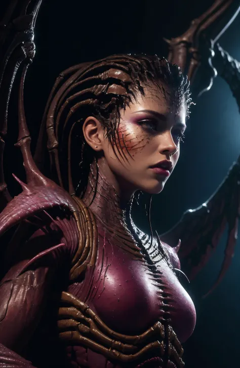official art, unity 8k wallpaper, ultra detailed, beautiful and aesthetic, beautiful, masterpiece, best quality, 1 girl, solo,(srkg, sarah_kerrigan,claws, wings, slender:1.4),(close up),(ultra detailed body:1.2), darkness background, , depth of field, <lora:A_Sarah_Kerrigan_Vlyc:0.85>,(front view),(cute:1.2),looking at viewer, hyper detailed, realistic skin texture,photorealistic, photo, masterpiece, realistic, realism, photorealism, high contrast, photorealistic digital art trending on Artstation 8k HD high definition, detailed realistic, detailed, skin texture, hyper detailed, realistic skin texture, best quality, ultra high res, (photorealistic:1.4), high resolution, detailed, raw photo, sharp, nikon d850 film stock photograph 4 kodak 400 camera f1.6 lens rich colors hyper realistic lifelike texture dramatic lighting unreal engine trending on artstation cinestill 800,looking at viewer,