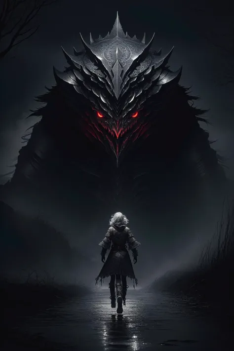 (girl:1.2) is being followed by (gigantic monster creature:1.3), ((horror art, dread, running, scared, tears)), long hair, silver hair, red eyes, night, (horror \theme\), graveyard, outdoors, (long black sharp nails), night, (zentangle, mandala, tangle, entangle:0.5, eyes everywhere:1.2),
intricate details, sophisticated details, depth of field, extremely detailed CG unity 8k wallpaper, detailed skin, red eyes, detailed skin texture, (masterpiece, top quality, best quality, official art, beautiful and aesthetic:1.2), extreme detailed, colorful, highest detailed, cgsociety, cinematic, high details, wide angle shot,
<lora:LowRA:0.7>