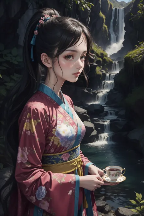 (masterpiece, best quality), 1girl, wavy hair, looking at viewer,holding teacup,upper body, floral print,Hanfu, ponytail, <lyco:GoodHands-beta2:1>,scenery,mountain waterfall background,<lora:add_detail:0.2> ,sunlight, <lora:shuimobysimV3:0.2>