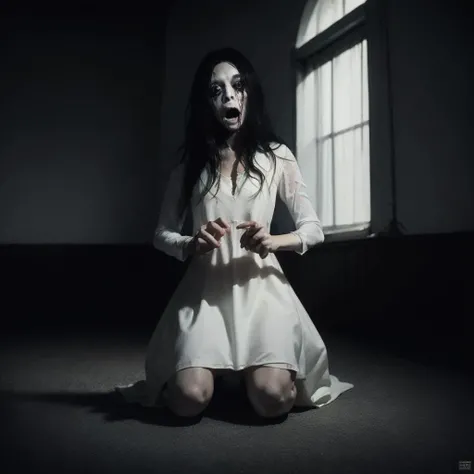 horror art, dread, Best quality, masterpiece, ultra high res, (photorealistic:1.4), gopro, Action shot of a terrifying ghost beaten by the viewer, kneeling, begging for mercy, (in arena), creepy, white dress, unnerving, unsettling, terrifying, 80mm, horror lighting, dynamic action <lora:kayako:0.8:KEEPCHAR>