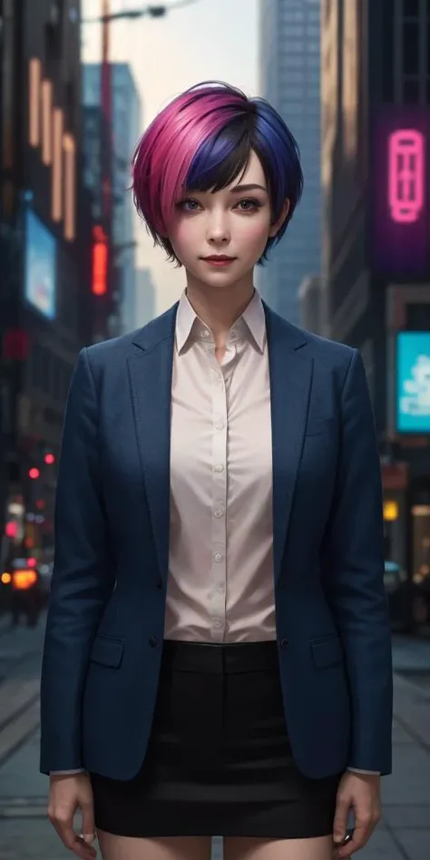 masterpiece, best quality, 8k, super detailed skin, perfect anatomy, Looking down, sick, cute, 1girl, colorful short hair, wearing business attire, a parallel dimension of cyberpunk world, <lora:cuteGirlMix4_v10:0.2>, <lora:tokyoGirl_v10:0.2>