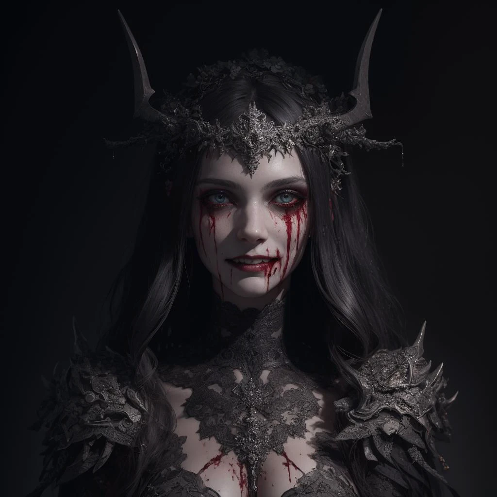 masterpiece, best quality, high quality, extremely detailed CG unity 8k wallpaper, portrait of a pagan goddess, antichrist, doomsday, holy, award winning photography, Photorealistic,extremely detailed, trending on artstation, trending on CGsociety, Intricate, High Detail, dramatic, art by midjourney, blood on face, evil smile, horror art, dread