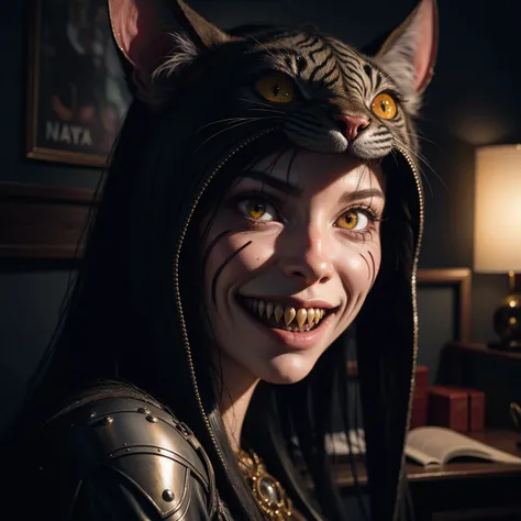horror art, dread, unity 8k wallpaper, ultra detailed, beautiful and aesthetic, masterpiece, best quality, (zentangle, mandala, tangle, entangle:0.5) creepy eerie, horror, scary, frightening, ghastly, photorealistic, 
face of cat with human mouth,(smiling), sharp teeth,yellow eyes,no human,cheshire cat,close up,half human half cat,
by bruce pennington, by giger, by tsutomu nihei, by wayne barlowe, by zdzislaw beksinski, octane render, artstation, 8k, cgsociety, cinematic, high details, wide angle shot, intricate