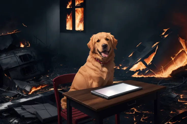 (Raw Photo:1.3) of (Ultrarealistic:1.3),(Happy:1.3) Golden Retriever dog, sitting on chair near table, happy, table burning, tongue out, (dog working with computer), (burning house:1.3), walls burning, table burning, (disaster:1.3),Highly Detailed,(Red hue:1.3)