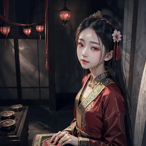 (masterpiece, best quality:1.2), (realistic picture:1.2, extremely intricate:1.2), 1girl, korean, (beauty face:1.3),sexy face, make up, double eyelid, high nose, wavy hair, small chest, narrow waist, pale skin, red hanfu, song dynasty dress , Veil, horror scary blood, (thigh gap:1.2), <lora:fashionGirl_v52:0.7>,( pureerosface_v1:0.4), background interior Mausoleum of chaina Emperor, nighttime, nightmare, dim red light, <lora:aiAVYUAXx_mediumCloseUpVer:0.7>, <lora:taiwanDollLikeness_v10:0.2> <lora:breastinclassBetter_v14:0.1>, fog, little smile, sleep, top view <lora:hanfu_v30Song:0.5>