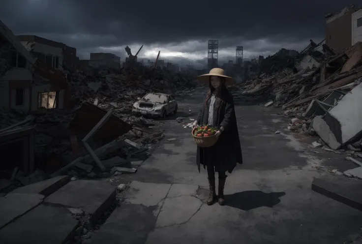 a young girl holding a basket of strawberries and a straw hat with a straw hat on her head.In the midst of chaos and destruction, a lone survivor emerges from the rubble, surveying the desolate landscape that was once a thriving city. Ashen skies stretch overhead, blanketing everything in a thin layer of fine particles that filter the light and cast an eerie gloom. The ground cracks and buckles underfoot, testifying to the immense power unleashed during the great catastrophe known as the zombie apocalypse.