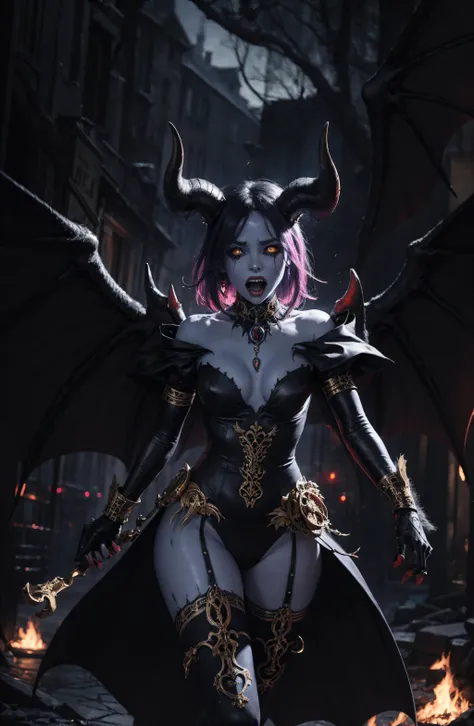 official art, unity 8k wallpaper, ultra detailed, beautiful and aesthetic, beautiful, masterpiece, best quality, 1girl, woman walking to the viewer,horror,demoniac ,sharp teeth,screaming,front view,(looking at viewer), <lora:DemonicT:0.7>,DemonicT,blue skin, black sclera, colored sclera, colored skin,demon wings, yellow eyes, , demon horns, slit pupils,chained,full body