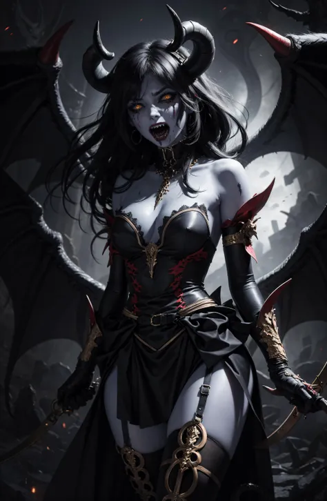 official art, unity 8k wallpaper, ultra detailed, beautiful and aesthetic, beautiful, masterpiece, best quality, 1girl, woman walking to the viewer,horror,demoniac ,sharp teeth,screaming,front view,(looking at viewer), <lora:DemonicT:0.7>,DemonicT,blue skin, black sclera, colored sclera, colored skin,demon wings, yellow eyes, , demon horns, slit pupils,chained,half body