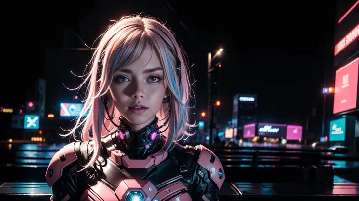 night time, space station, 8k, highly detailed, professional photo, cowboy shot, 1girl, beautiful girl, cyber, pink and white, space station, sexy, cute, very long blonde hair, city skyline, neon lights, cyber, <lora:cyber_20230605125330:1>