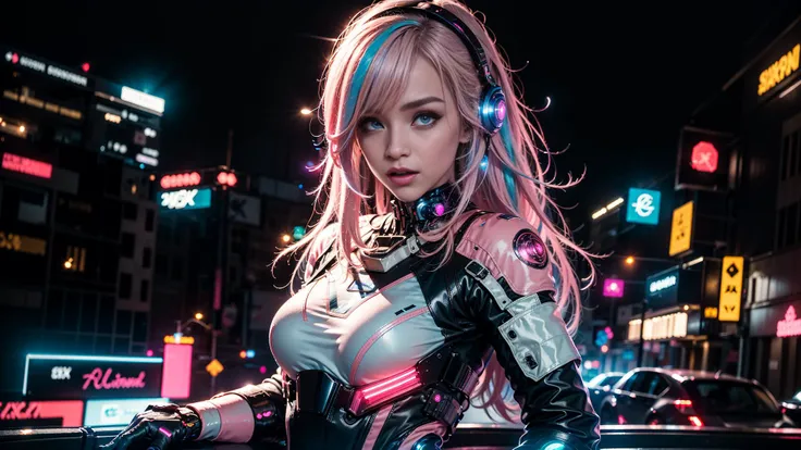 night time, space station, 8k, highly detailed, professional photo, cowboy shot, 1girl, beautiful girl, cyber, pink and white, space station, sexy, cute, very long blonde hair, city skyline, neon lights, cyber, <lora:cyber_20230605125330:1>