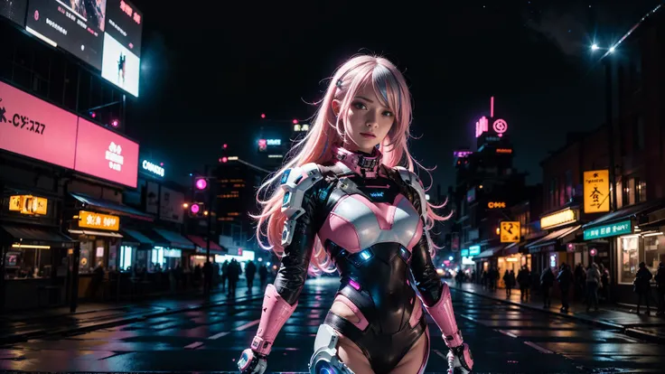 night time, space station, 8k, highly detailed, professional photo, cowboy shot,  1girl, beautiful girl, cyber, pink and white, space station, sexy, cute, very long blonde hair, city skyline, neon lights,  cyber, <lora:cyber_20230605125330:1>