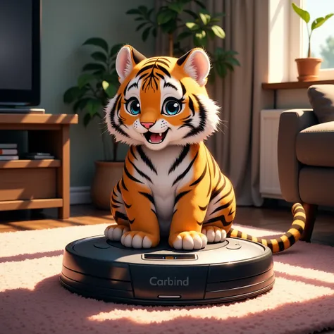 An tiger sits on a robotic vacuum cleaner on a carpet in the living room. Anime.