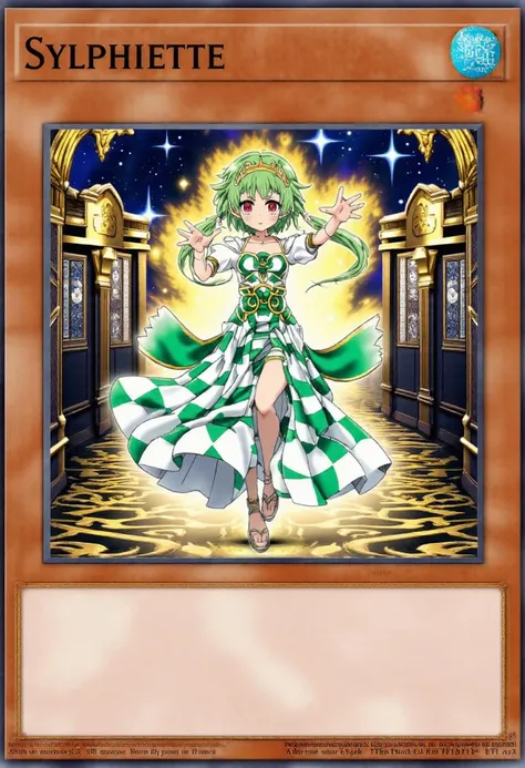 This image is a beautiful detailed digital artwork of a Yu-Gi-Oh! trading card titled "Sylphiette". The card features the adorable young adult named Sylphie in a very close view. Sylphie has green hair, red eyes and wears a light, gentle smile. Sylphie is dancing wearing a white and green checkered magnificent checkered maxi dress which floats in intricate patterns in the air. She wears a crown and has a glowing aura, symbolizing her supreme power in the game.
The background is an opulent, fantasy realm with glittering stars and swirling cosmic energy, showcasing Sylphies unparalleled dominance. The cards frame is richly decorated with golden, ornate patterns and mystical symbols. The cards text box at the bottom is completely empty.