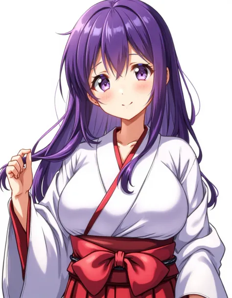 anime screencap, character reference, awesome top artist illustration, purple and red tone and manner, upper body shot character reference, 1girl, gravure beautiful poses, (kawaii pri dream love cure anime:1.1), japanese miko clothes, traditional miko kimono,(white tops:1.2) and hakama, satin fabric silken, purple hair hime cut, long hair, purple eyes, (tsurime:1.2), small breasts, highteen 18yo, (smile:1.1), white background, perfect anatomy, very high resolution absurdres, insane sharpness,