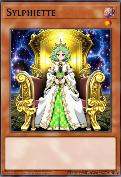 This image is a beautiful detailed digital artwork of a Yu-Gi-Oh! trading card titled "Sylphiette". At the top right of the card the label is filled with the text "Mushoku Tensei" .The card features the adorable young adult named Sylphie with an imposing presence. Sylphe has green hair, red eyes and wears a light, gentle smile. Sylphie has an exaggerated, confident expression with a crown and glowing aura, symbolizing her supreme power in the game. She wears a white and green checkered magnificent checkered maxi dress and she sits on a throne made of sparkling, magical energy.
The background is an opulent, fantasy realm with glittering stars and swirling cosmic energy, showcasing Sylphies unparalleled dominance. The cards frame is richly decorated with golden, ornate patterns and mystical symbols. The cards text box at the bottom is completely empty.