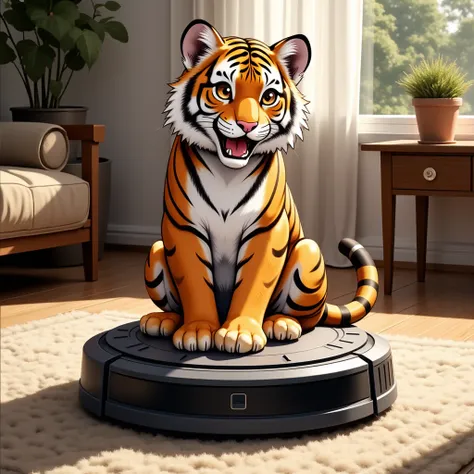 An tiger sits on a robotic vacuum cleaner on a carpet in the living room. Anime.