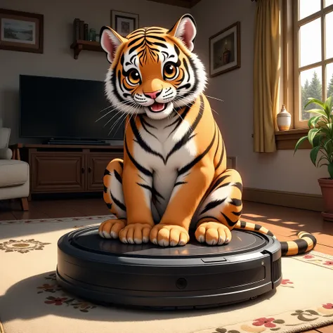 An tiger sits on a robotic vacuum cleaner on a carpet in the living room. Anime.