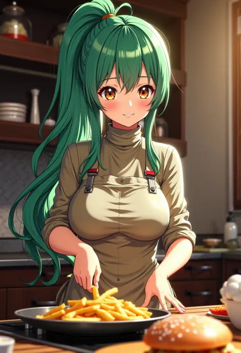 pri dream cure anime screencap used by cosmetics ads, 1girl portrait, A woman in a tight-fitting rubber suit, wearing an apron over it, has long green ponytail hair blunt bangs. She is standing in the kitchen preparing a meal with a seductive smile on her face, she made McDonald's french fries on gratin, bimbo makeup, global illumination, perfect female proportion,  jav cover wrote, very high resolution absurdres, insane sharpness,