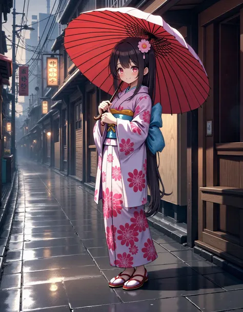 1girl holding umbrella, 
kimono,
rainy street