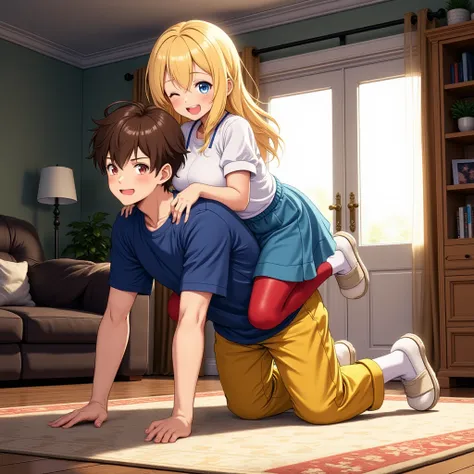 The man with a brown hair in a blue T-shirt, yellow pants, white socks and slippers is on all fours from right to left. The blonde adult woman with a blue eyes and a medium breasts in a white blouse, blue skirt, red tights and slippers is riding the man. Both men are happy. Living room. There is a carpet on the floor. Anime style.