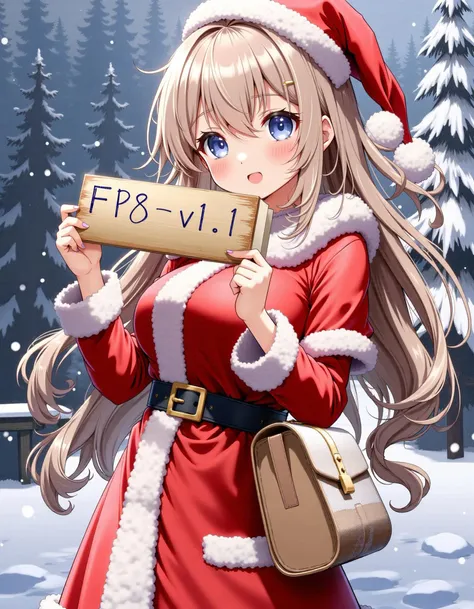 1girl clothed santa costume holding sign with "FP8-v1.1" written,
snowing