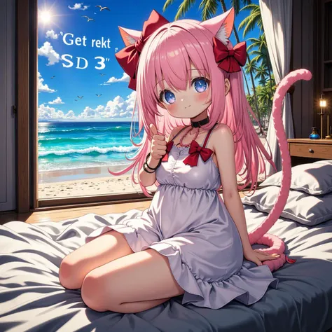 1girl, a finely detailed realistic anime style masterpiece illustration of a pink-haired smiling young catgirl with blue eyes a thin fuzzy plain cat tail wearing a white sundress and a large red bow adorning her long hair sits on a bed facing the viewer, the catgirl has her left arm raised giving a thumbs up to the viewer, she sits in a room with a large window that opens to a beautiful beach scenery with palm trees and white capped waves with seagulls in the distant sky, Her limbs are anatomically correct, Behind her clouds in the distance spell out words which reads: "Get rekt S D 3"