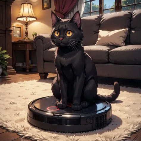 The adult black cat sitting on the robotic vacuum cleaner on the carpet in the living room. fca_style, <lora:fca_style_3_3b:1>