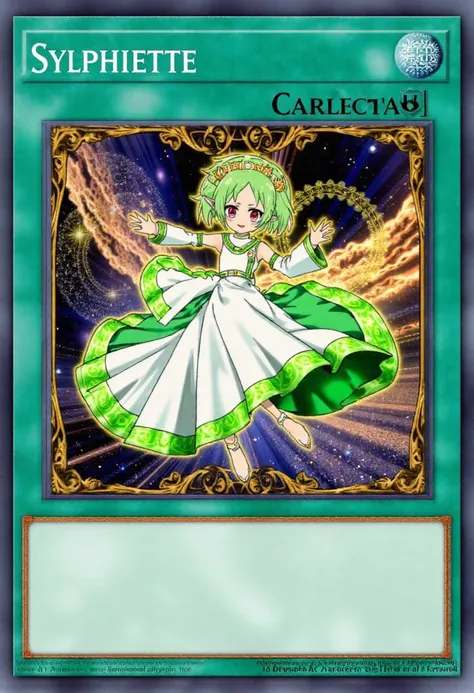 This image is a beautiful detailed digital artwork of a Yu-Gi-Oh! trading card (titled "Sylphiette"). The card features the adorable young adult named Sylphie in a very close view. Sylphie has green hair, red eyes and wears a light, gentle smile. Sylphie is dancing, wearing a white and green checkered magnificent checkered maxi dress which floats in intricate patterns in the air. She wears a crown and has a glowing aura, symbolizing her supreme power in the game.
The background is an opulent, fantasy realm with glittering stars and swirling cosmic energy, showcasing Sylphies unparalleled dominance. The cards frame is richly decorated with golden, ornate patterns and mystical symbols. (The cards text box at the bottom is completely empty)