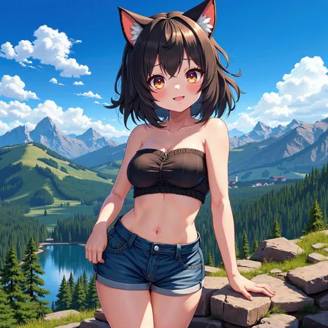 1girl,
smile,
cat ears,
tube top,
denim shorts,
mountainous horizon,