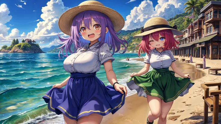 Backgrounds are detailed in the distance. A very finely drawn coastal scene. The waves on the surface of the sea are beautifully rendered, and the light reflected off the sun gives off a beautiful glow. An island can be seen in the distance, and powerful cumulonimbus clouds are present in the sky. Buildings are erected along the coast. Two beautiful women in colorful skirt and straw hats are looking at us, smiling. The girls are full of energy, posing and laughing. The two women are wearing mini-skirts and are walking close together, both women are wearing different clothes, different hairstyles, hair colors, eye colors and styles.close up girls, action pose, lifted skirt, 
 masterpiece, best quality, ultra highres, extremely detailed, perfect lighting, dreamart,Flat colour anime style image showing