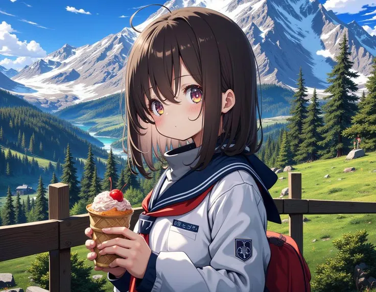 1girl,
school uniform,
eating ice cream,
mountain,