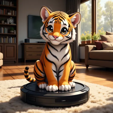 An tiger sits on a robotic vacuum cleaner on a carpet in the living room. Anime.