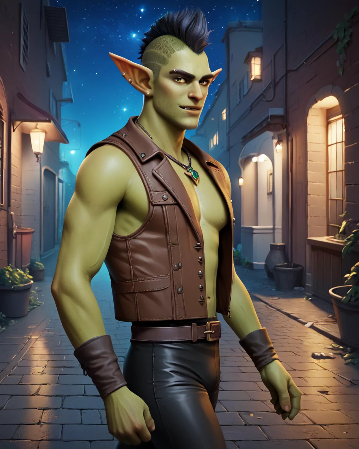 score_9, score_8_up, score_7_up, intricately detailed, fantasy setting,
<lora:overwatch_rule34_xl_pd_goofy_16:1>,
1boy(goblin rogue:2, green skin, black mohawk, handsome, slender, bare chest, open vest, piercings, simple leather necklace with simple arrowhead pendant, looking at the viewer, friendly expression, walking along a narrow alley in a medieval fantasy city, solo, cowboy shot), night, moonlit, starry sky, partial side view,
<lora:xl_more_art-full_v1:0.4>,
<lora:add-detail-xl:0.4>