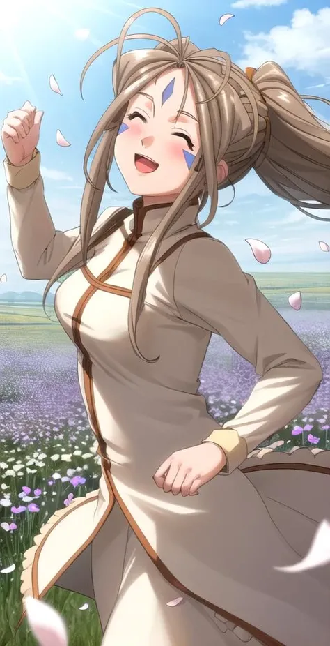 belldandy, 1girl, solo, (blue facial markings), eyes closed, happy, dancing, field of flowers, petals floating in the air, mouth wide open, blushing, high-res, perfect quality, good quality, masterpiece, HDR, UHD <lora:Belldandy:0.7>